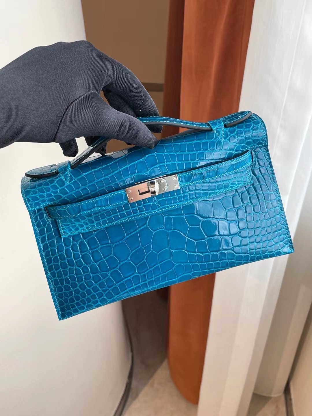 Hermes MiniKelly Pochette 7W 伊茲密爾藍 Blue Izmir 亮面美洲鱷魚