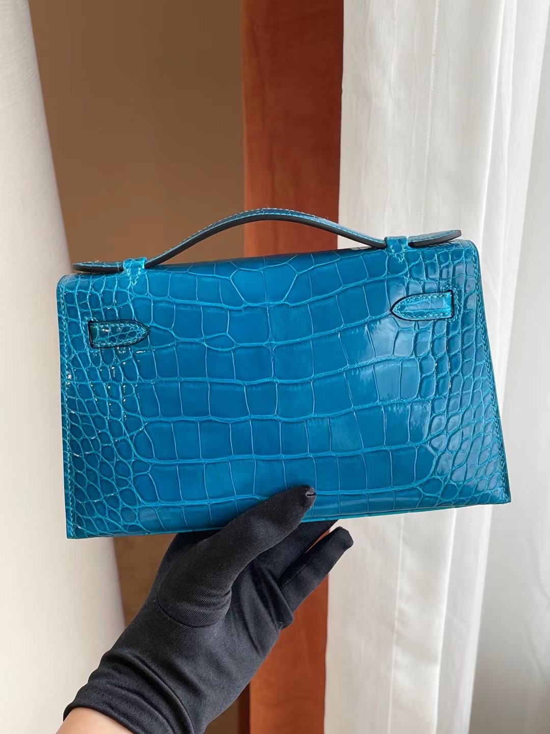 Hermes MiniKelly Pochette 7W 伊茲密爾藍 Blue Izmir 亮面美洲鱷魚