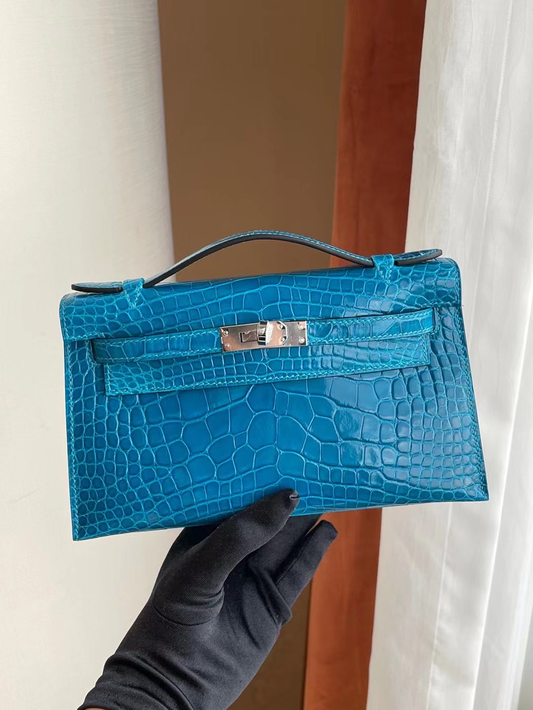 Hermes MiniKelly Pochette 7W 伊茲密爾藍 Blue Izmir 亮面美洲鱷魚