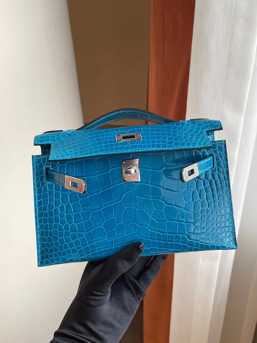 Hermes MiniKelly Pochette 7W 伊茲密爾藍 Blue Izmir 亮面美洲鱷魚