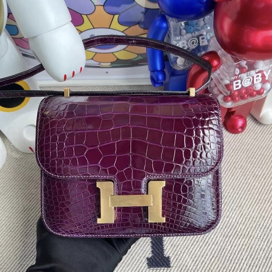 Britain Hermes Constance 18 亮面美洲鱷魚 L3 Rose Purple 玫瑰紫 金扣