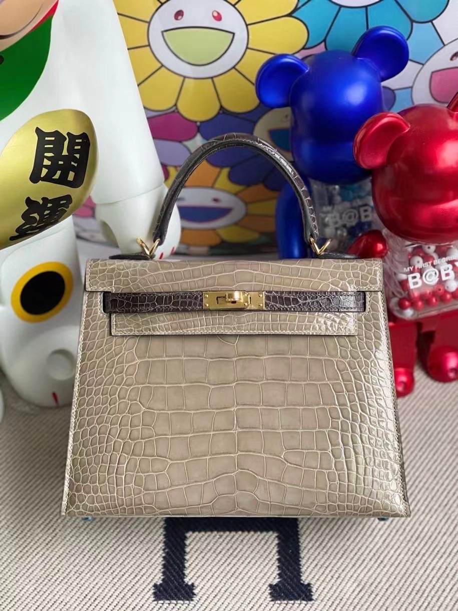 Hermes Kelly HSS 25 亮面美洲鱷魚 81 Gris Tourterelle+88 Graphite 金扣馬蹄印