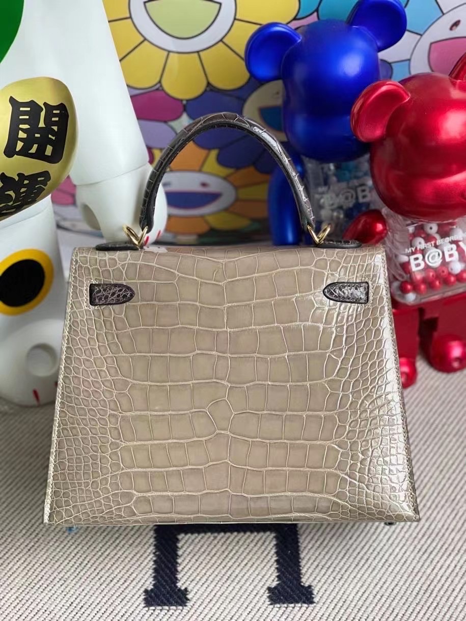 Hermes Kelly HSS 25 亮面美洲鱷魚 81 Gris Tourterelle+88 Graphite 金扣馬蹄印