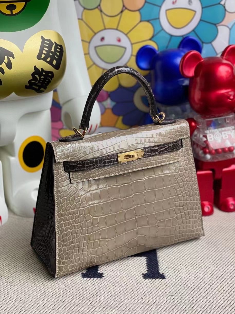 Hermes Kelly HSS 25 亮面美洲鱷魚 81 Gris Tourterelle+88 Graphite 金扣馬蹄印