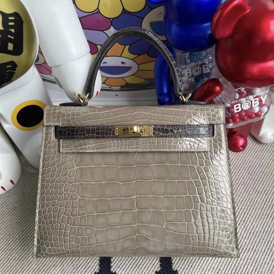 Hermes Kelly HSS 25 亮面美洲鱷魚 81 Gris Tourterelle+88 Graphite 金扣馬蹄印