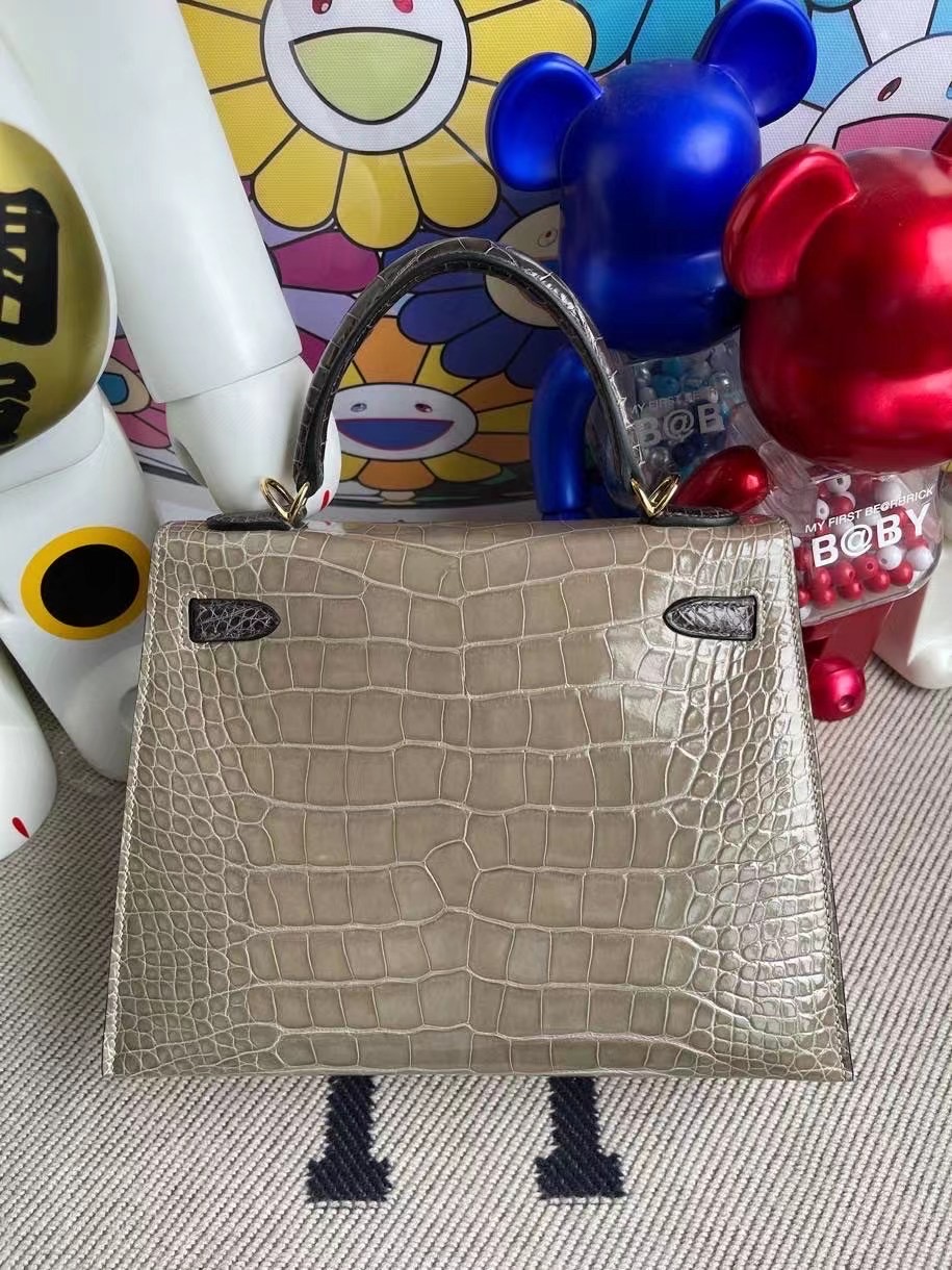 Hermes Kelly HSS 25 亮面美洲鱷魚 81 Gris Tourterelle+88 Graphite 金扣馬蹄印