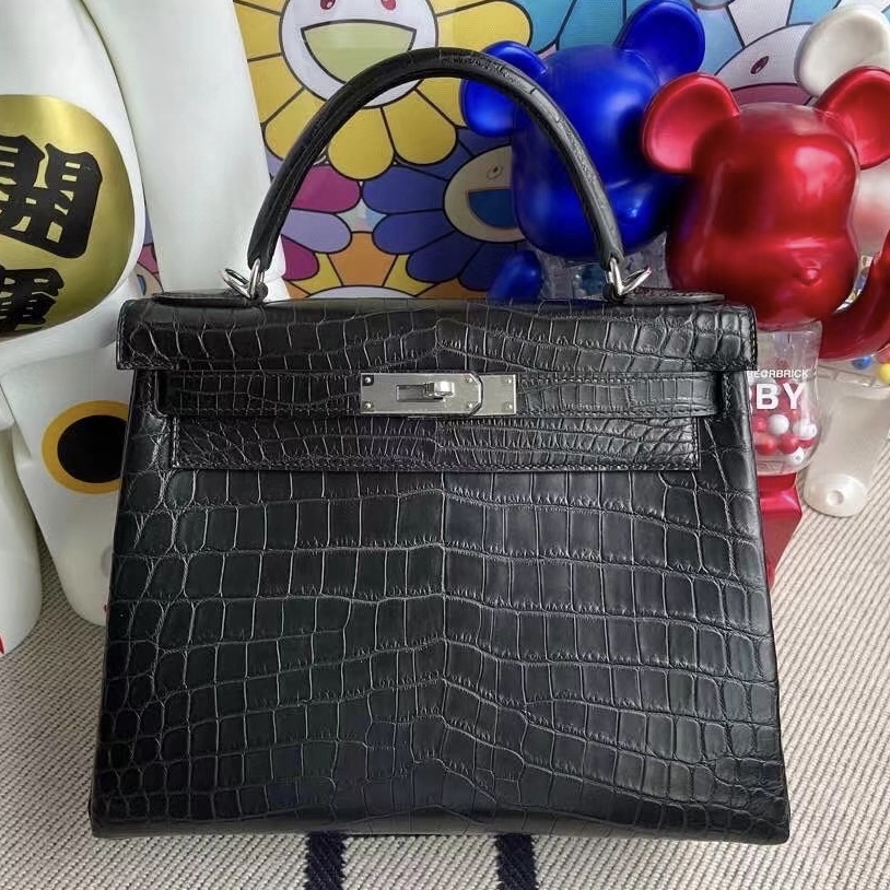 Britain Hermes Kelly 28cm 霧面方塊 美洲鱷魚 89 Noir 黑色 銀扣