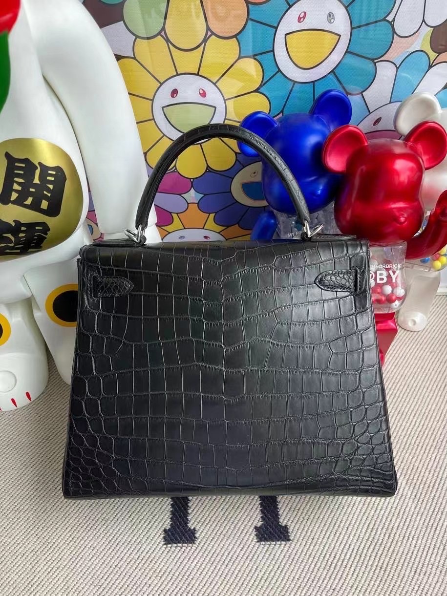 Britain Hermes Kelly 28cm 霧面方塊 美洲鱷魚 89 Noir 黑色 銀扣