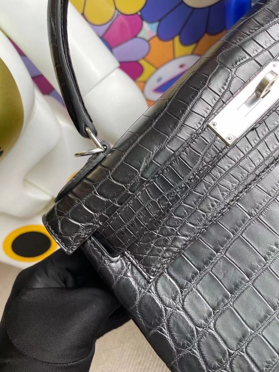 Britain Hermes Kelly 28cm 霧面方塊 美洲鱷魚 89 Noir 黑色 銀扣