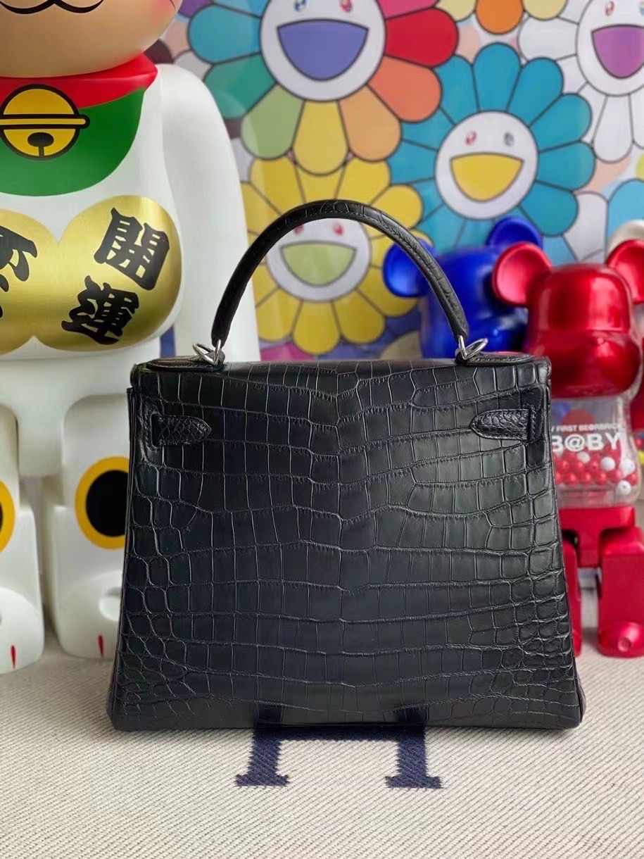 Britain Hermes Kelly 28cm 霧面方塊 美洲鱷魚 89 Noir 黑色 銀扣