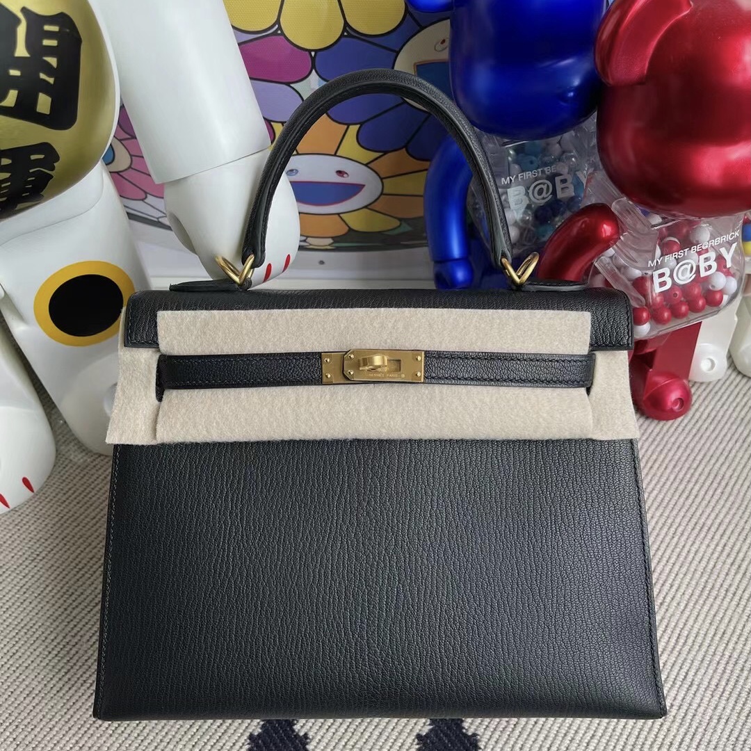 Hermes Kelly 28 山羊皮 89 Noir 黑色 內拼 I6 Rose Extrême 極致粉磨砂金扣