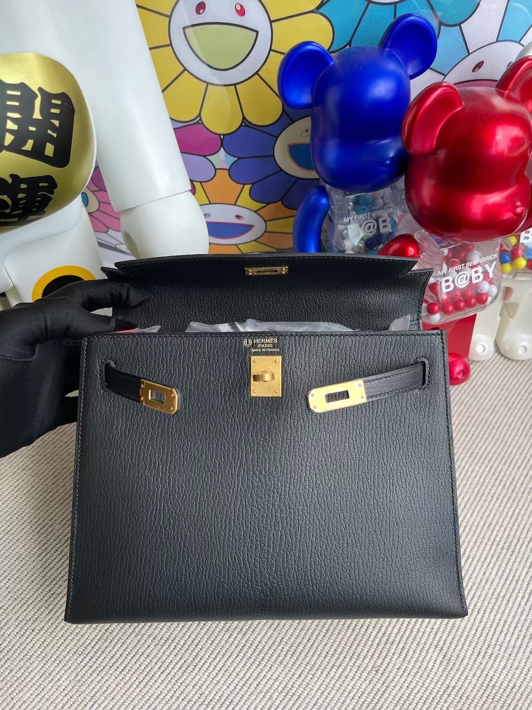 Hermes Kelly 28 山羊皮 89 Noir 黑色 內拼 I6 Rose Extrême 極致粉磨砂金扣