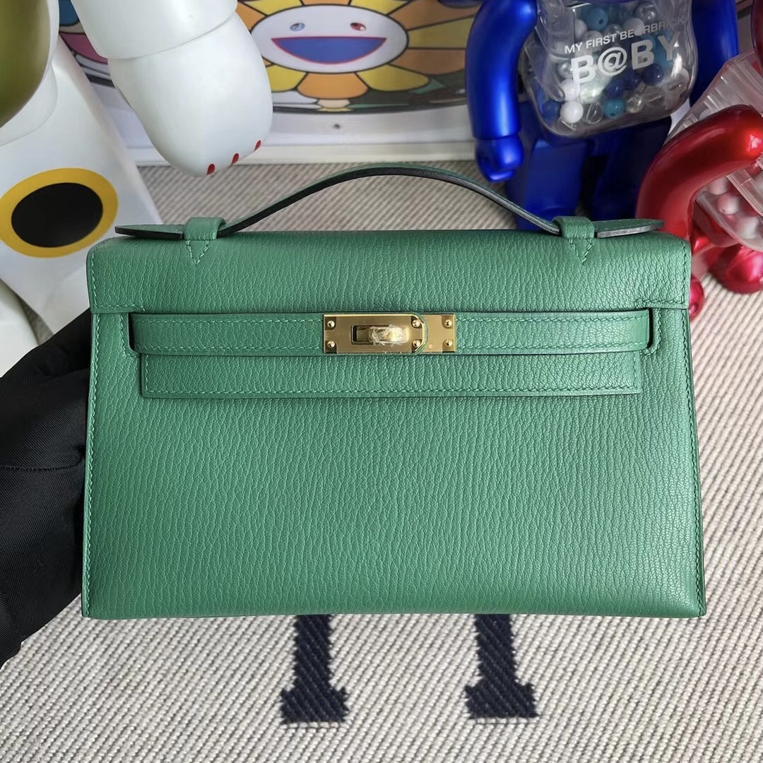 Hermes MiniKelly Pochette Mysore goatskin U4 Vert Verigo 絲絨綠山羊皮金扣