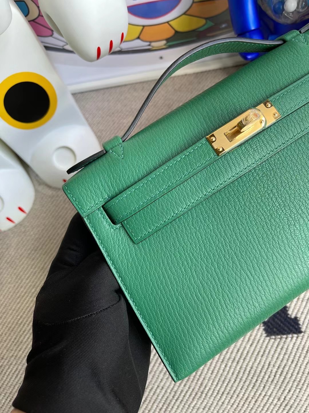 Hermes MiniKelly Pochette Mysore goatskin U4 Vert Verigo 絲絨綠山羊皮金扣