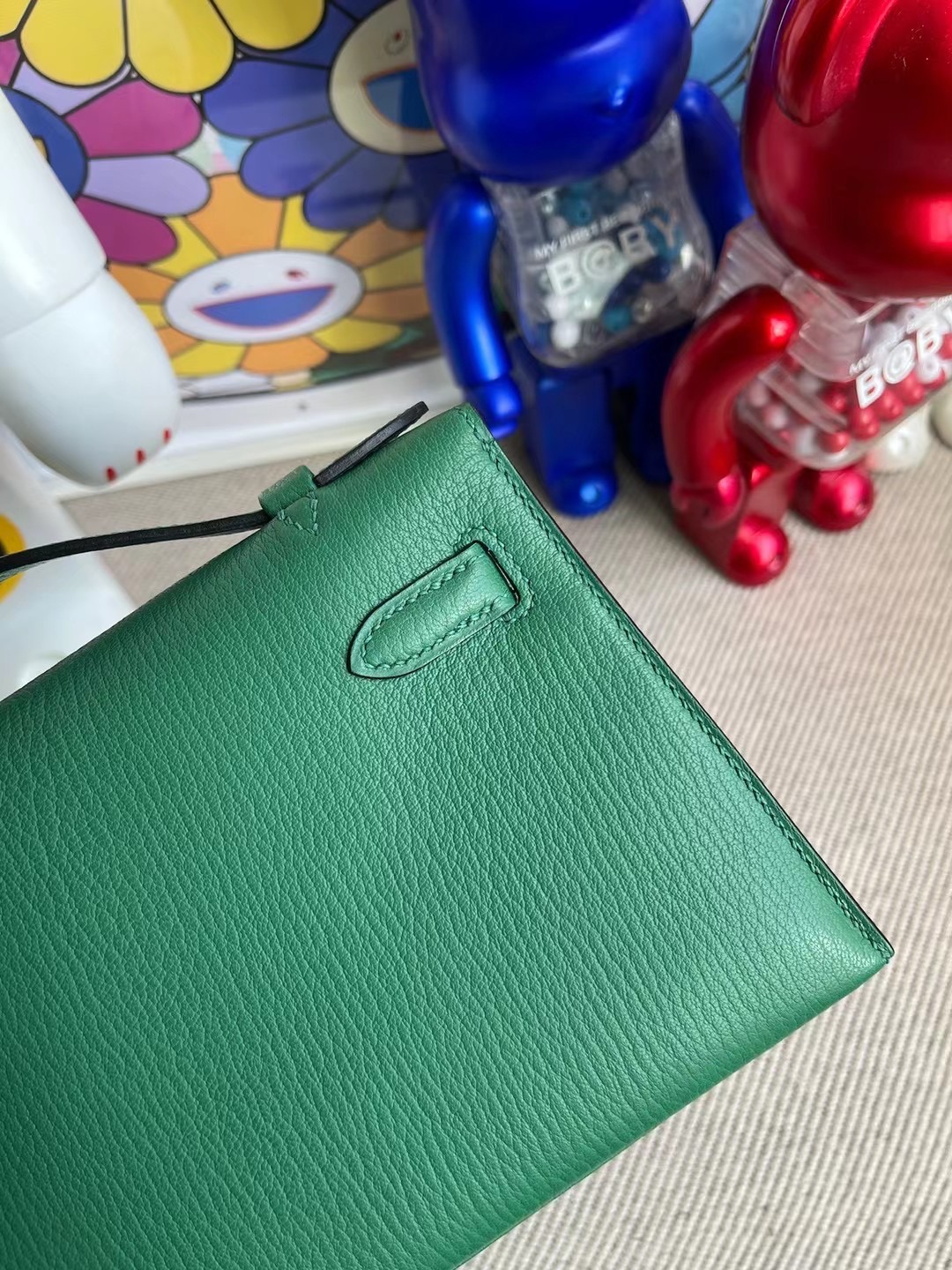 Hermes MiniKelly Pochette Mysore goatskin U4 Vert Verigo 絲絨綠山羊皮金扣