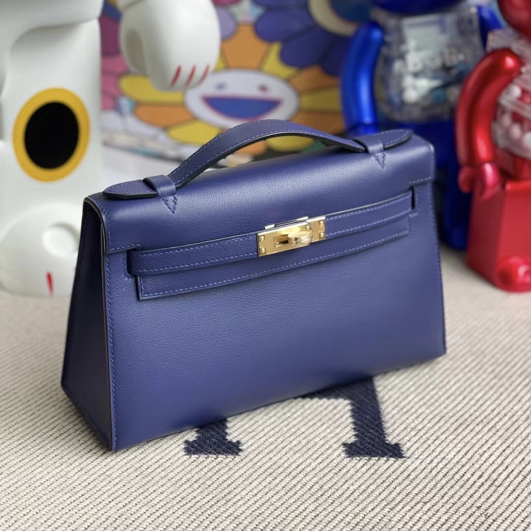 Hermes MiniKelly Pochette Swift calfskin M3 Blue Encre 墨水藍 金扣