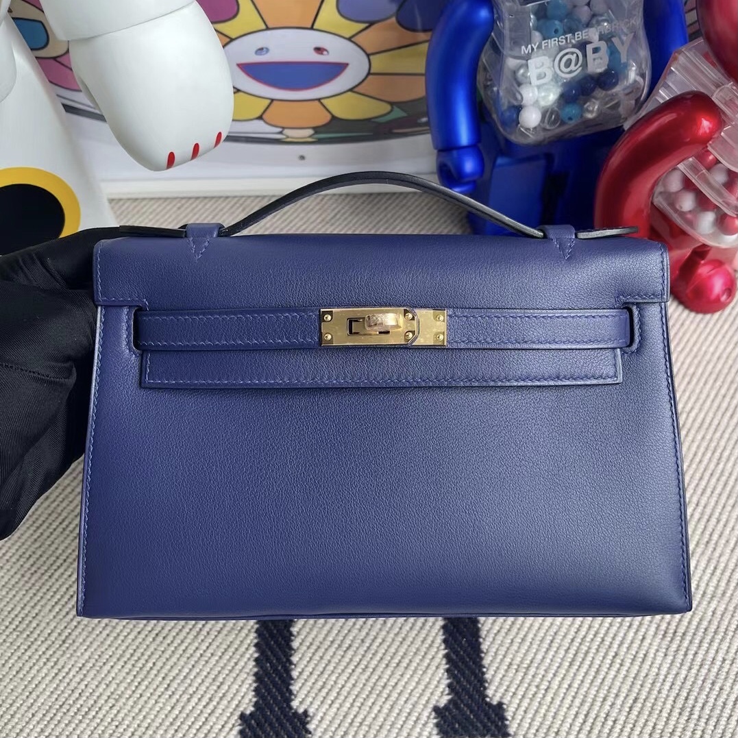 Hermes MiniKelly Pochette Swift calfskin M3 Blue Encre 墨水藍 金扣