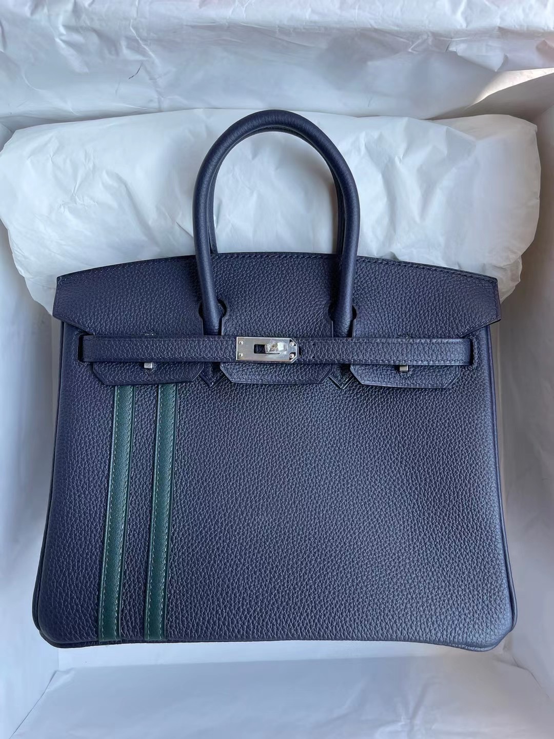 Hermes Birkin 25 Togo 拼 Swift 2Z Blue Nuit雙杠6O Vert Cypres 松柏綠銀扣