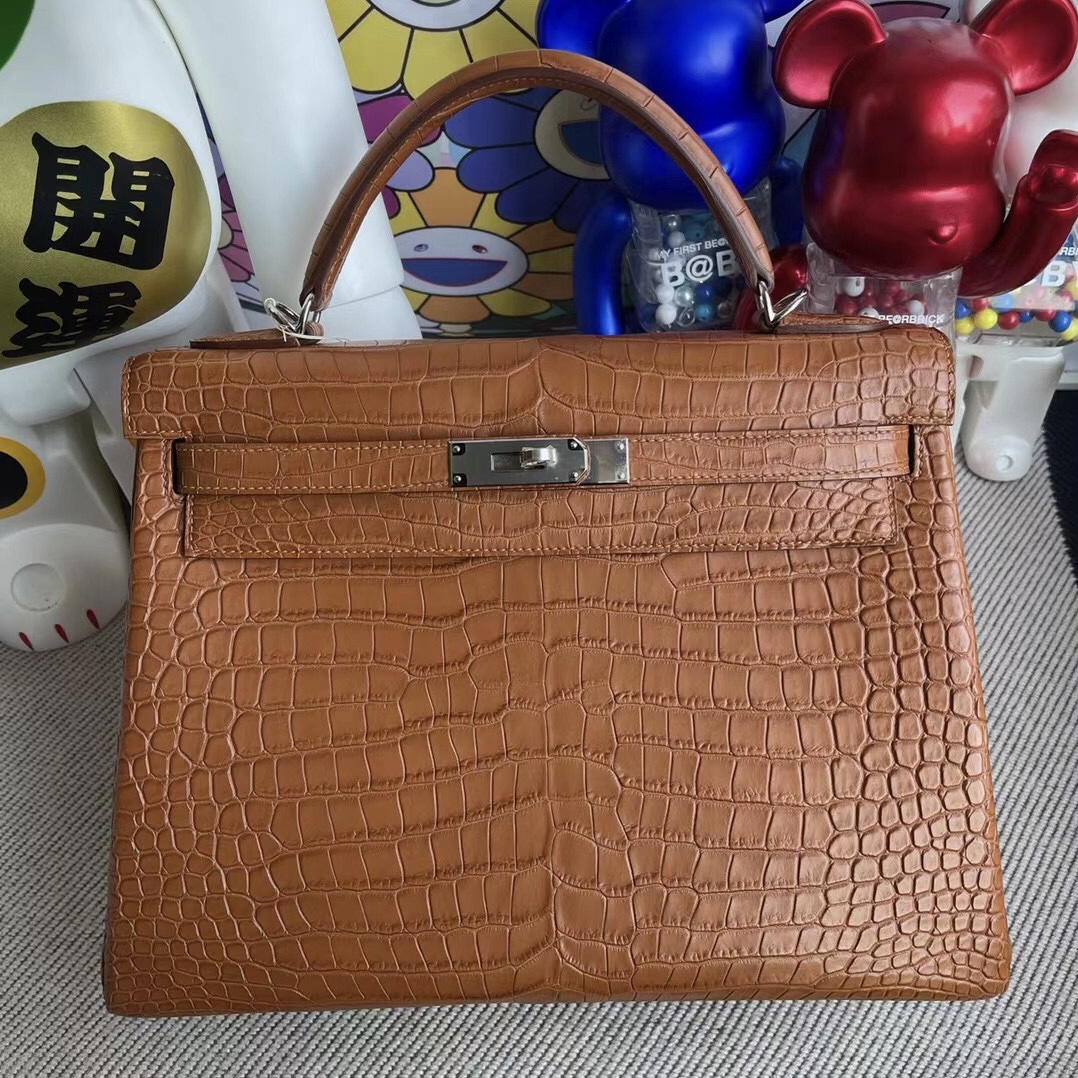 Hermes Kelly 32 霧面倒V鱷魚 Matte Porosus Crocodile 37 Gold金棕色銀扣