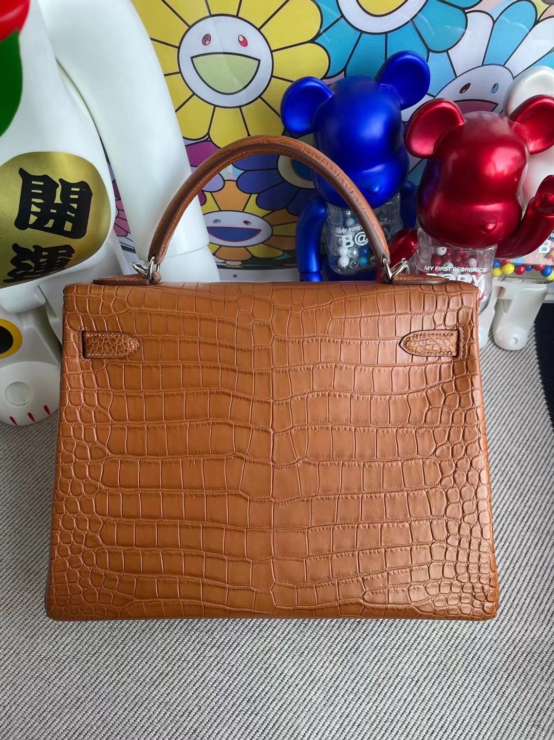 Hermes Kelly 32 霧面倒V鱷魚 Matte Porosus Crocodile 37 Gold金棕色銀扣