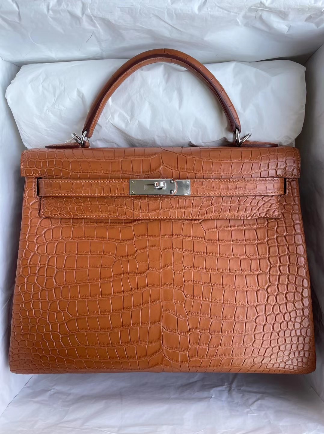 Hermes Kelly 32 霧面倒V鱷魚 Matte Porosus Crocodile 37 Gold金棕色銀扣