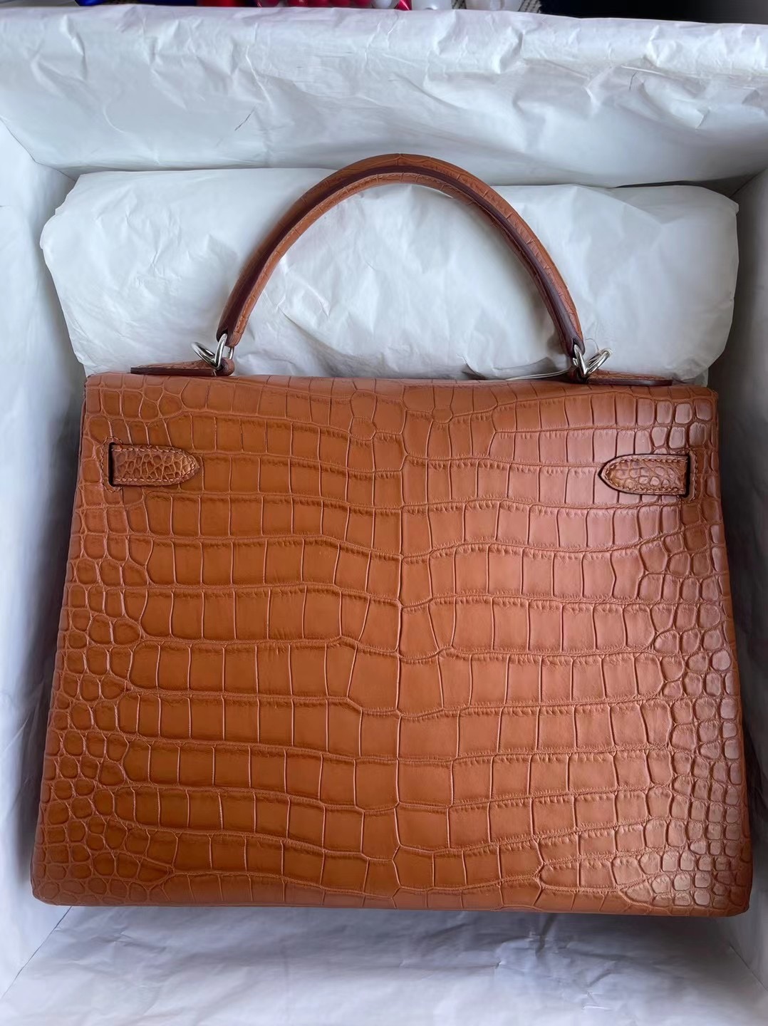 Hermes Kelly 32 霧面倒V鱷魚 Matte Porosus Crocodile 37 Gold金棕色銀扣