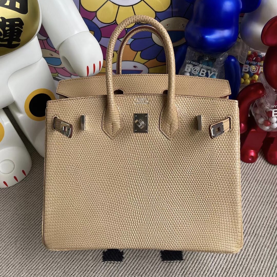 愛馬仕鉑金包臺灣價格 Hermes Birkin 25 Lizard 蜥蜴皮 14 beige 杏色銀扣