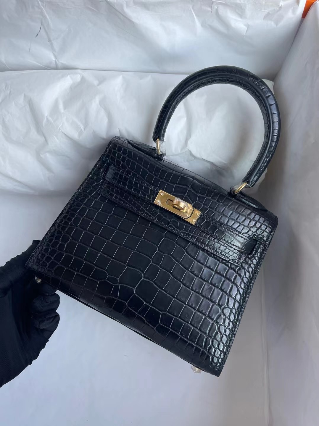 Hermes Kelly 20cm CK89 Noir黑色大耳朵霧面倒V灣鱷金扣客訂出