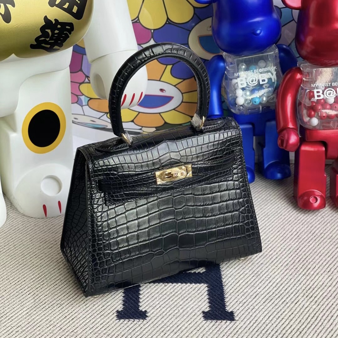 Hermes Kelly 20cm CK89 Noir黑色大耳朵霧面倒V灣鱷金扣客訂出