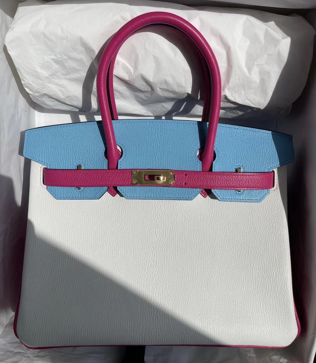 Hermes Birkin 30 HSS Chevre 01純白色 7N糖果藍色 E5糖果粉 拉絲金扣馬蹄印