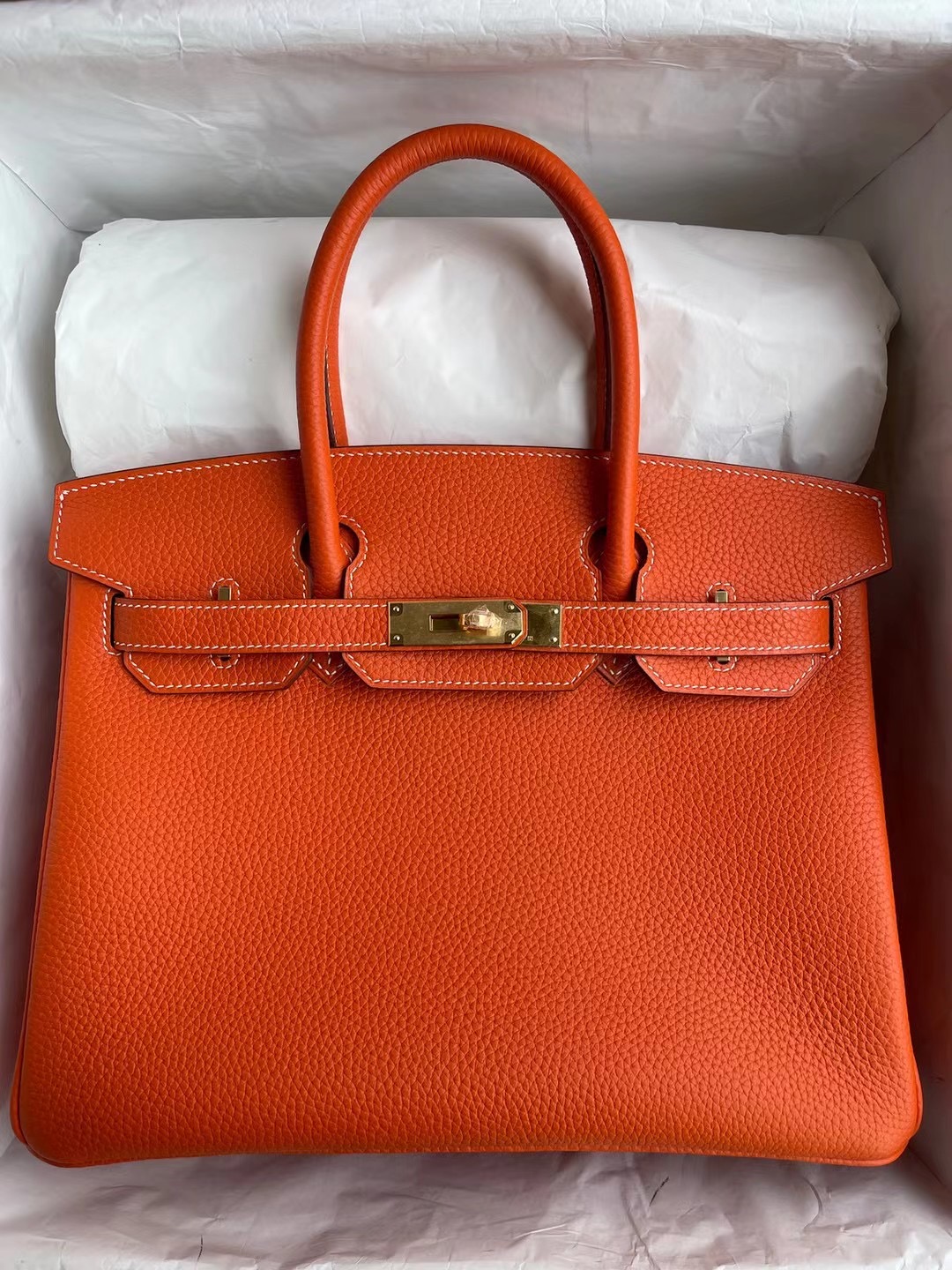 臺灣臺北市愛馬仕鉑金包 Hermes Birkin 30cm Clemence 9J Feu 火焰橙 金扣