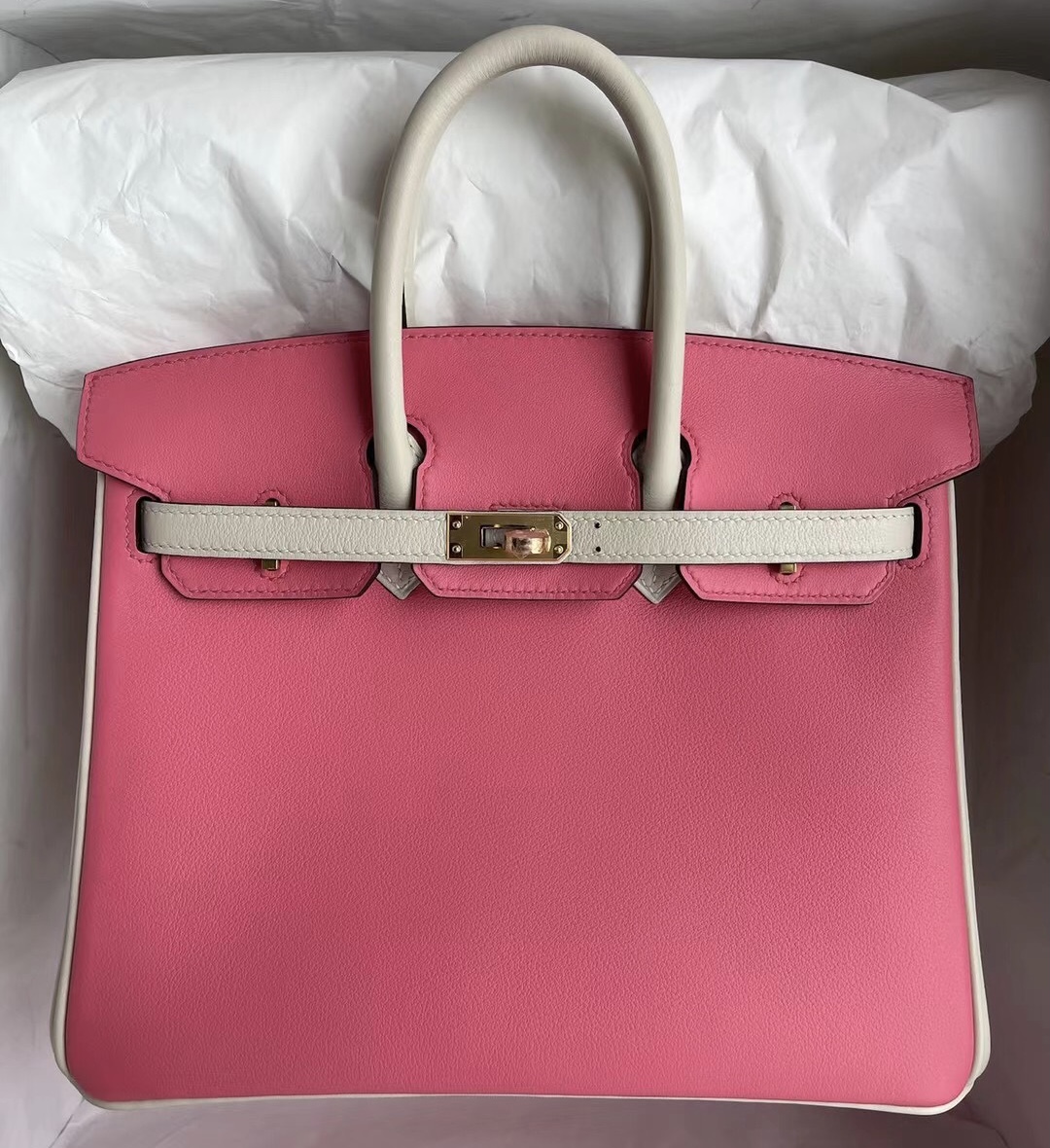 Hermes Birkin 25cm Swift 8W Rose Azalee 新唇膏粉+10 Craie 奶昔白 金扣