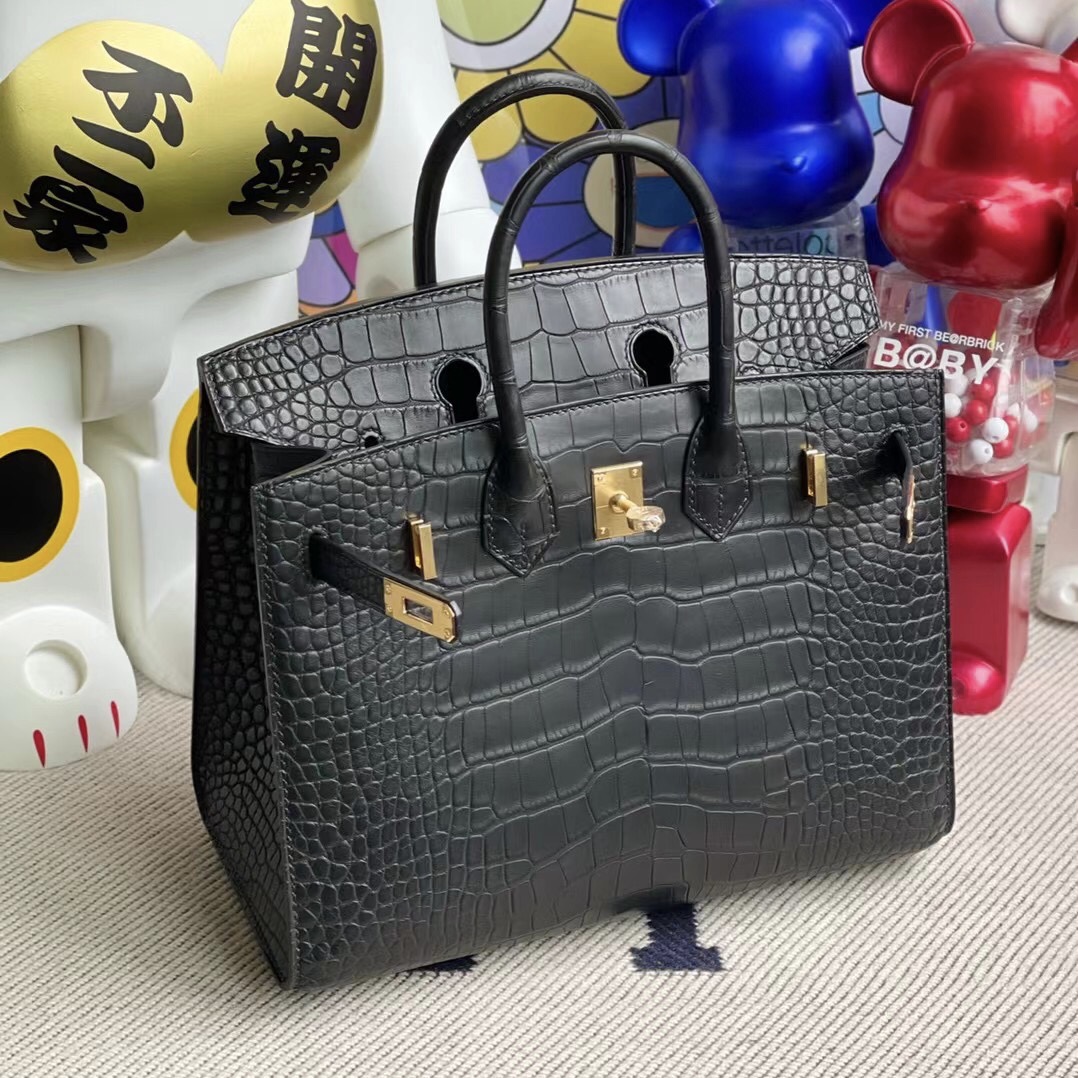 愛馬仕鉑金包定製 Hermes Birkin 25 Sellier 外縫 美洲鱷魚 89 Noir黑色金扣 客定出