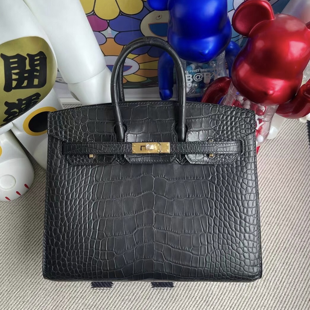 愛馬仕鉑金包定製 Hermes Birkin 25 Sellier 外縫 美洲鱷魚 89 Noir黑色金扣 客定出