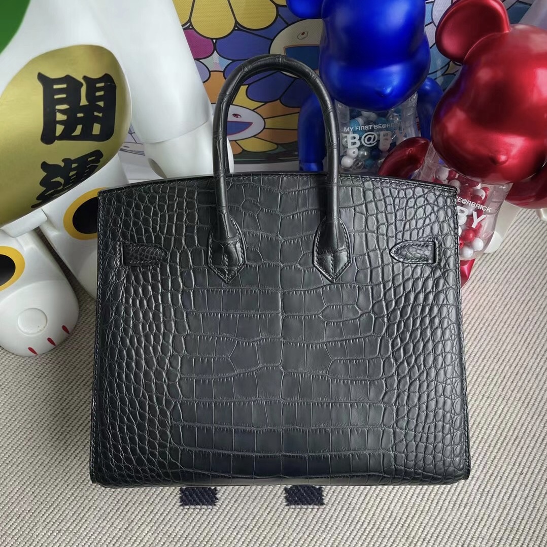 愛馬仕鉑金包定製 Hermes Birkin 25 Sellier 外縫 美洲鱷魚 89 Noir黑色金扣 客定出