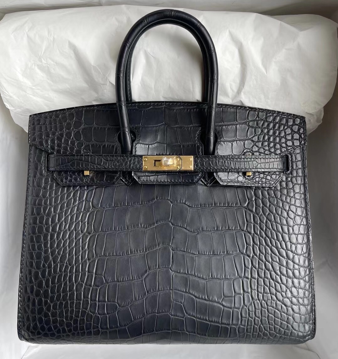 愛馬仕鉑金包定製 Hermes Birkin 25 Sellier 外縫 美洲鱷魚 89 Noir黑色金扣 客定出