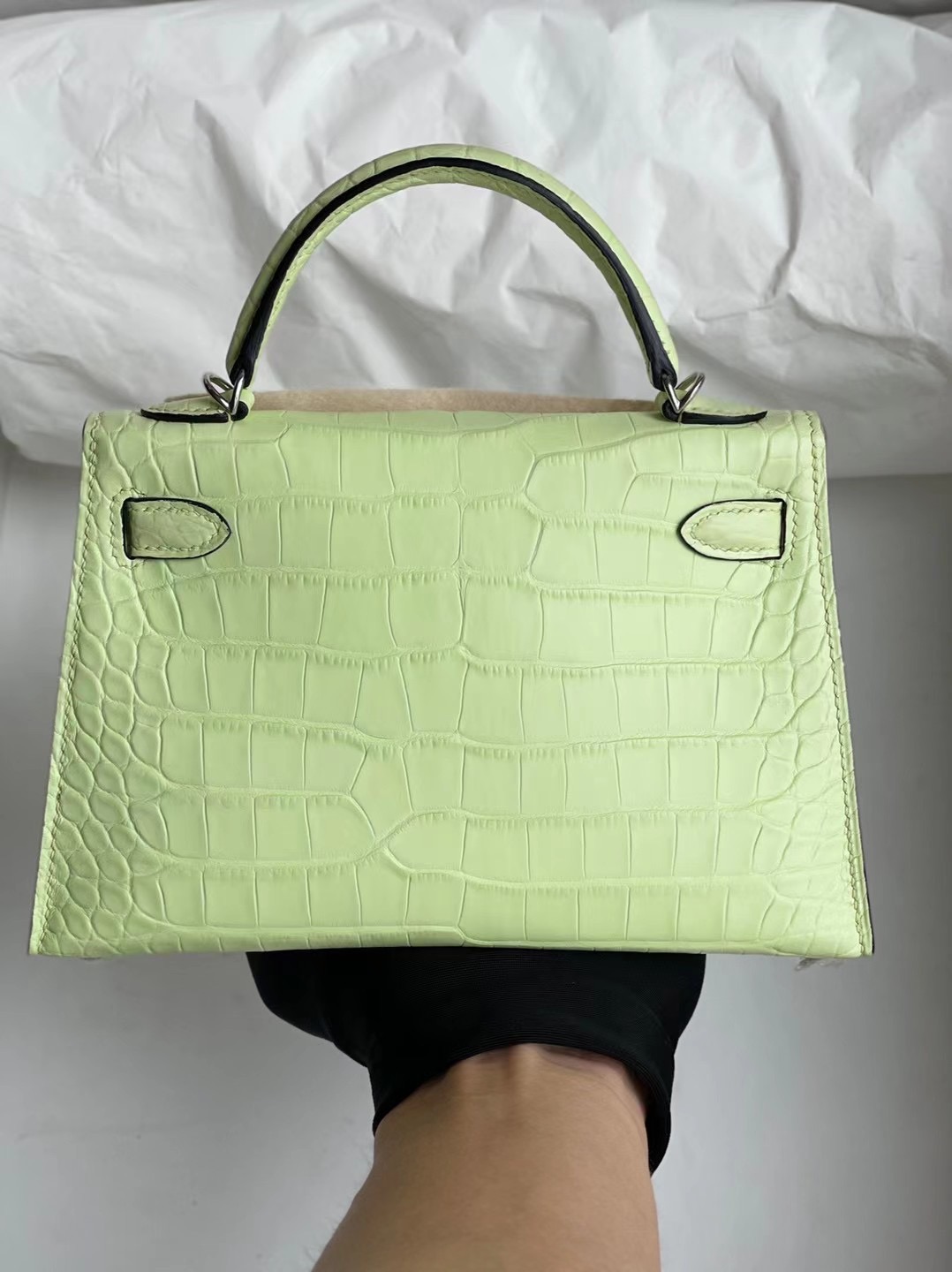 Hermes Kelly Mini Ⅱ 2代霧面方塊 美洲鱷魚 R9 Jaune Bourgeon 嫩芽黃銀扣