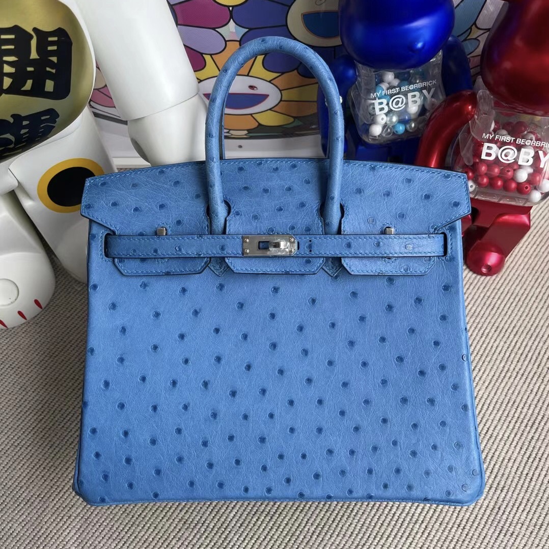 Hermes Birkin 25cm Ostrich 7Q Blue Mykonos 希臘藍 銀扣 原廠南非鴕鳥皮