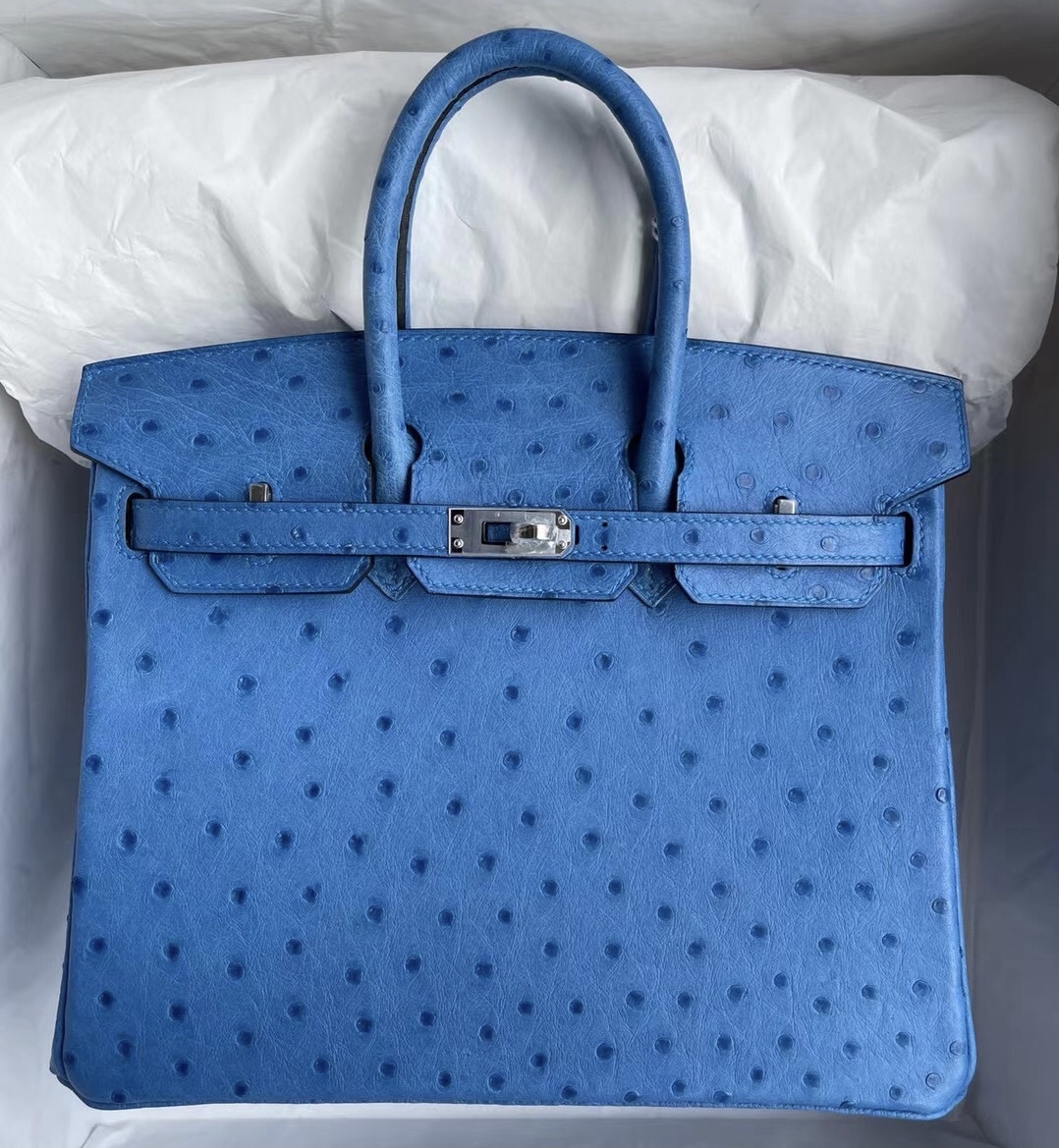 Hermes Birkin 25cm Ostrich 7Q Blue Mykonos 希臘藍 銀扣 原廠南非鴕鳥皮