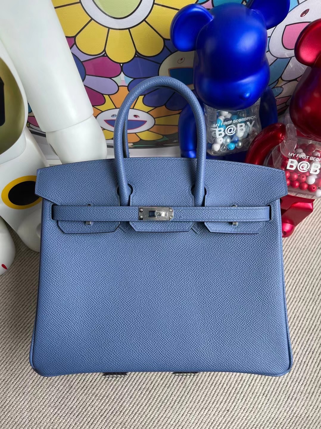 Hermes Birkin 25cm 7R azur 霧霾藍 銀扣 原廠 Epsom 牛皮全手工蜜蠟線縫