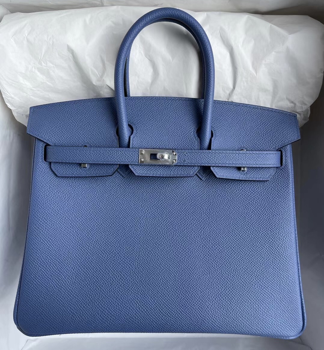 Hermes Birkin 25cm 7R azur 霧霾藍 銀扣 原廠 Epsom 牛皮全手工蜜蠟線縫