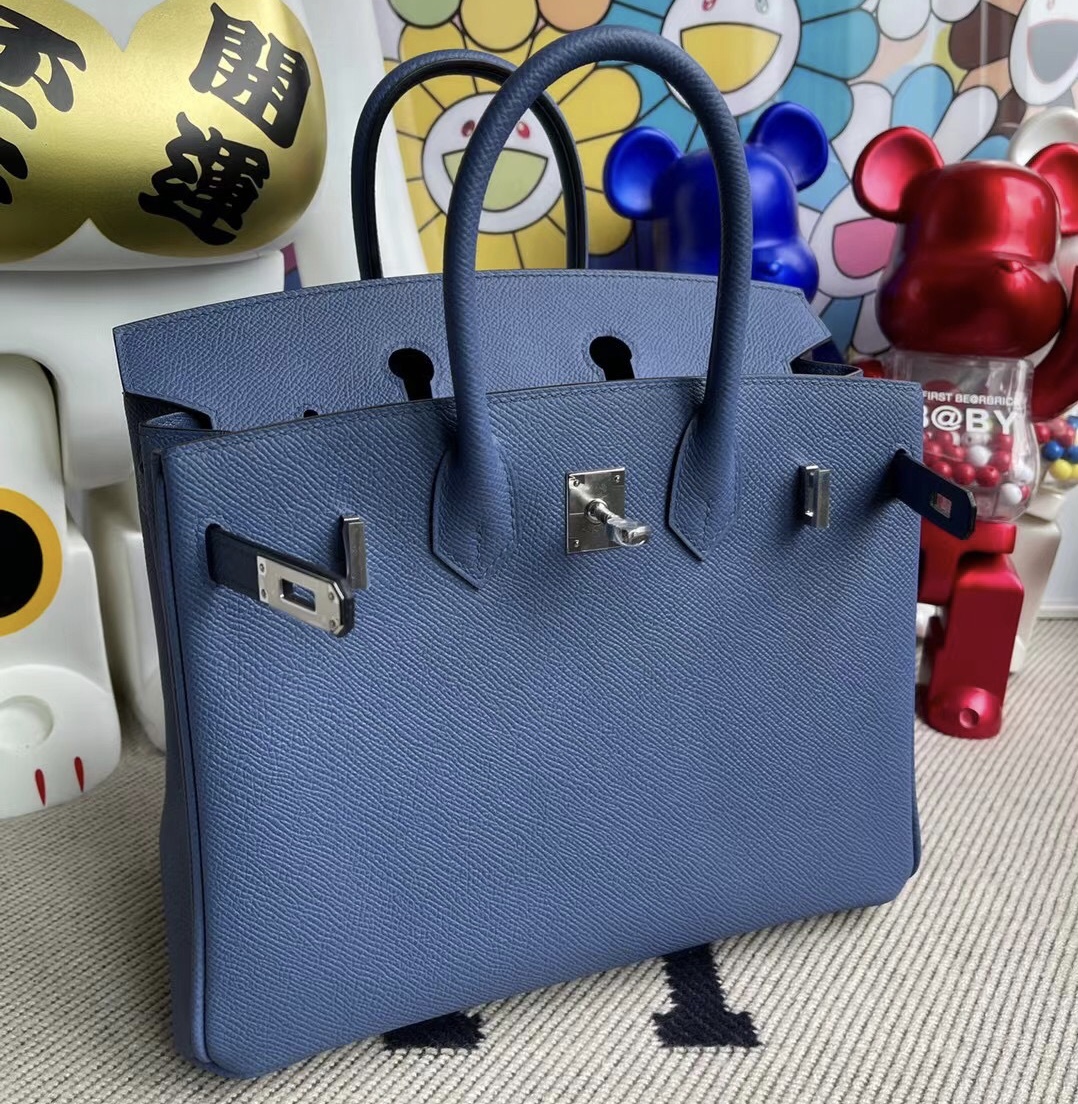 Hermes Birkin 25cm 7R azur 霧霾藍 銀扣 原廠 Epsom 牛皮全手工蜜蠟線縫