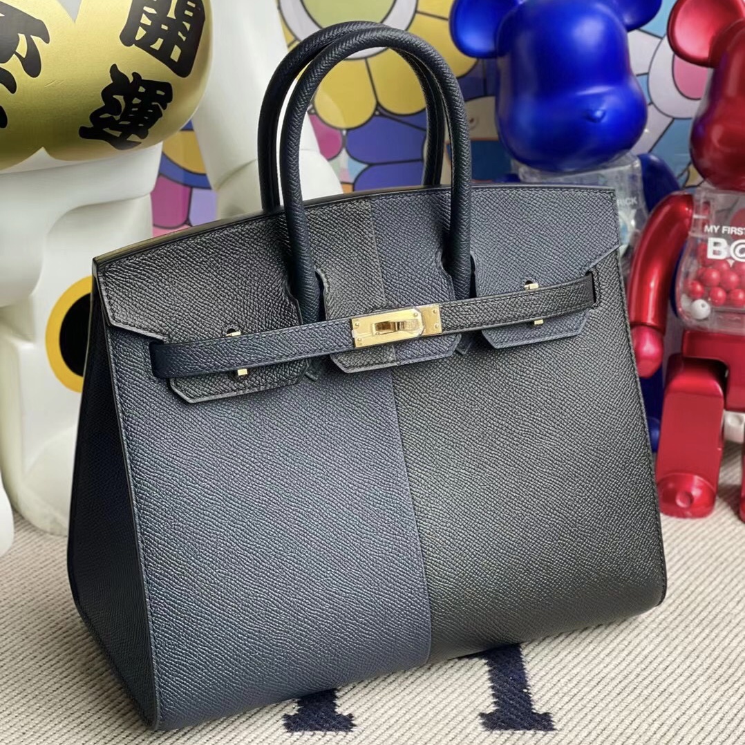 Hermes Birkin 25 Epsom Sellier 外縫 89 Noir 76 Bleu Indigo內 0F Bleu frida