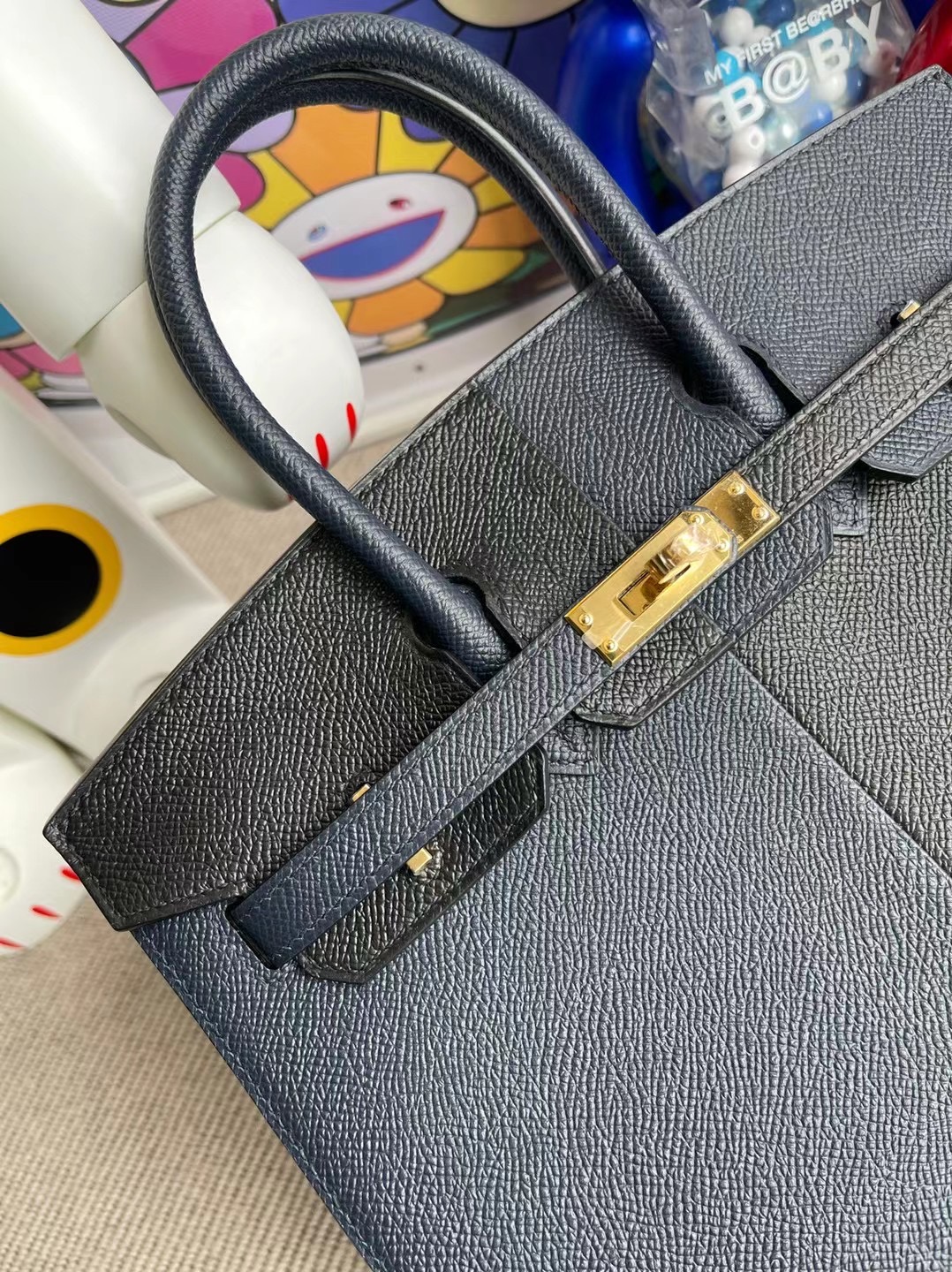 Hermes Birkin 25 Epsom Sellier 外縫 89 Noir 76 Bleu Indigo內 0F Bleu frida