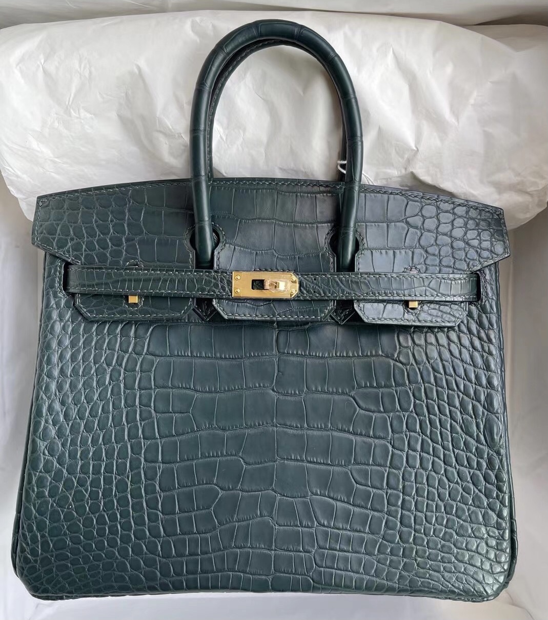 Hermes Birkin 25 霧面美洲鱷魚 V0 Vert Rousseau 盧俊綠 金扣