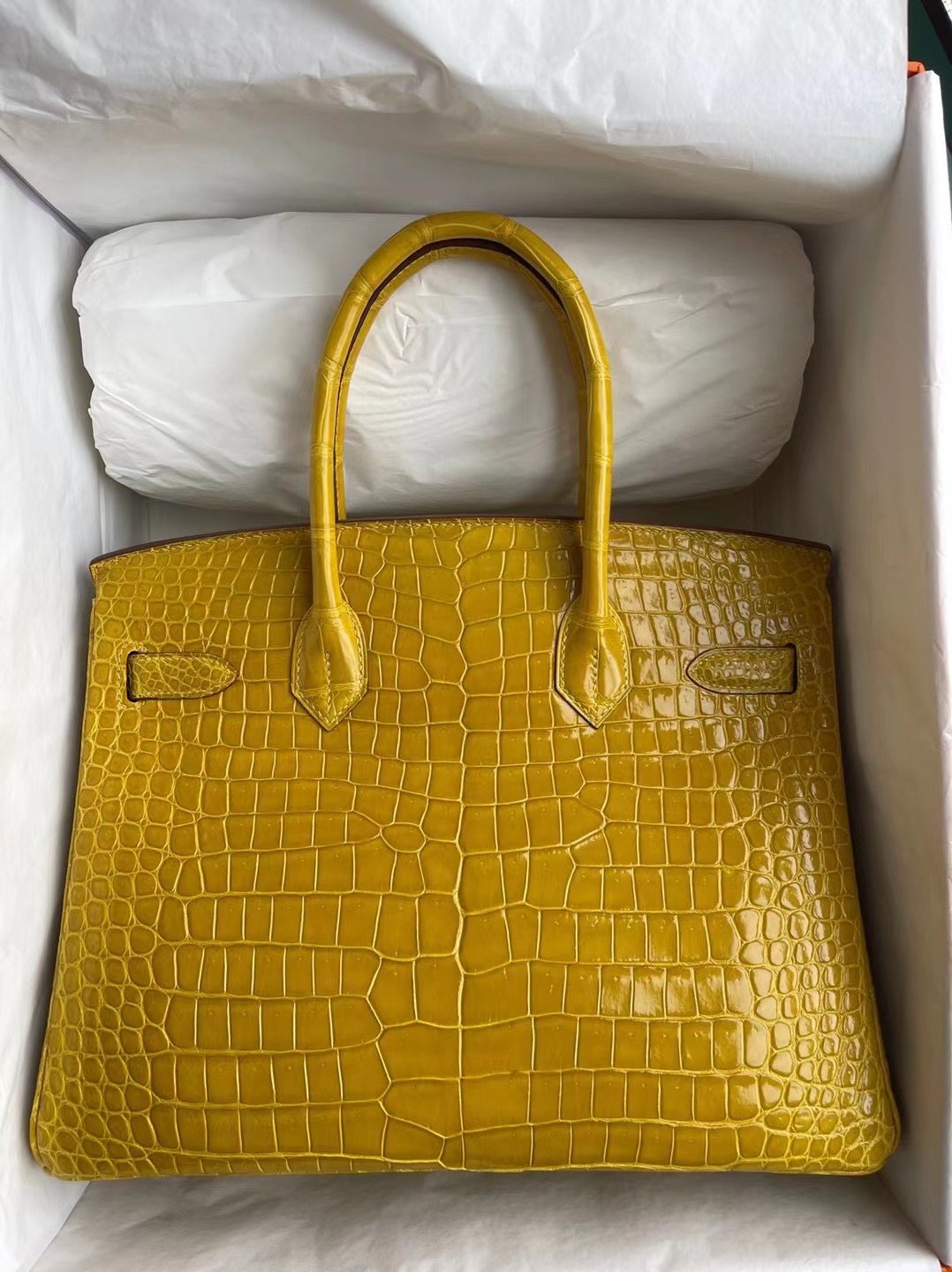 愛馬仕鉑金包包網站 Hermes Birkin 30cm 9D Amber 琥珀黃亮面倒V灣鱷