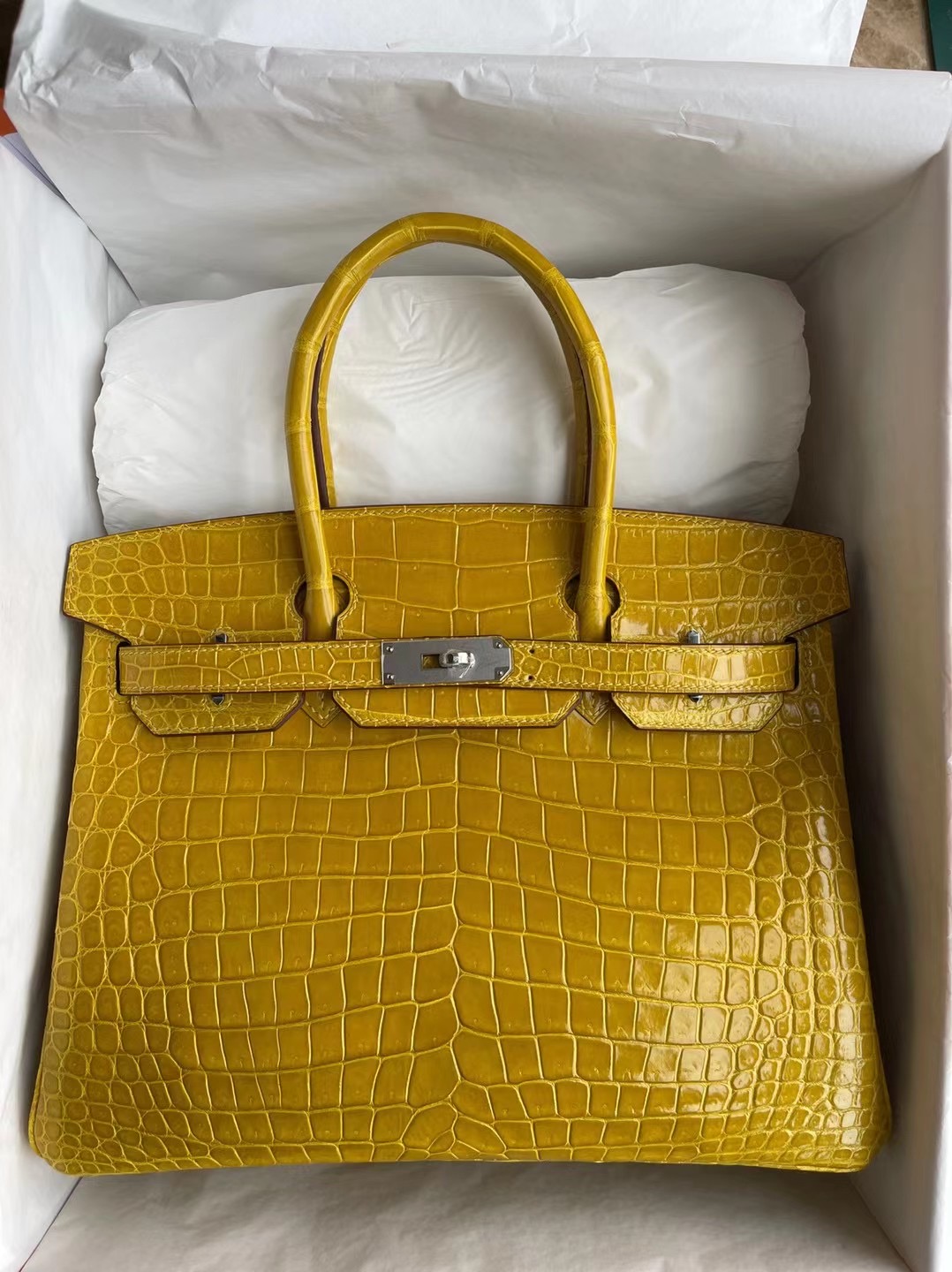 愛馬仕鉑金包包網站 Hermes Birkin 30cm 9D Amber 琥珀黃亮面倒V灣鱷