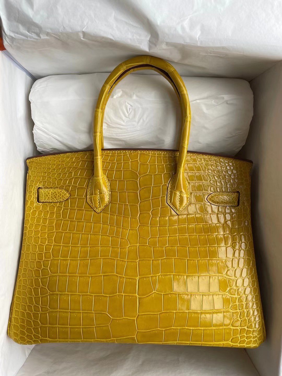 愛馬仕鉑金包包網站 Hermes Birkin 30cm 9D Amber 琥珀黃亮面倒V灣鱷