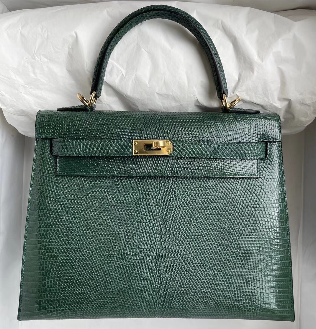 Hermes Kelly 25cm 67 Vert Fonce 祖母綠  Lizard 進口蜥蜴皮 金扣