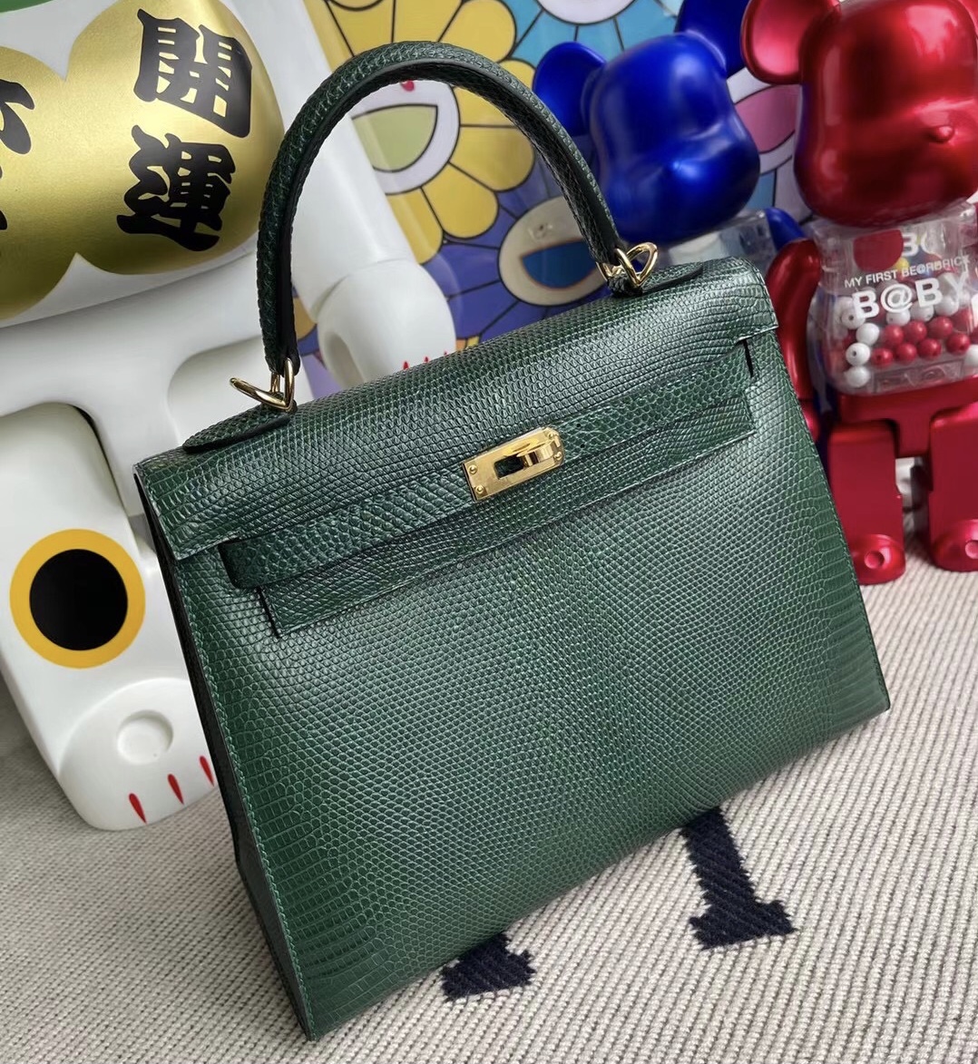 Hermes Kelly 25cm 67 Vert Fonce 祖母綠  Lizard 進口蜥蜴皮 金扣